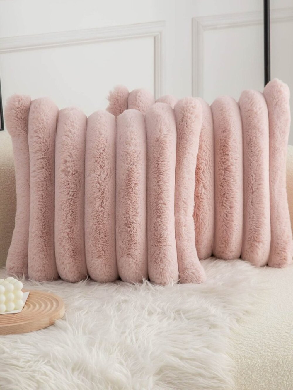 Pink Faux Fur Cozy Soft Striped Decorative Throw Pillow Covers 18x18 inch Set of